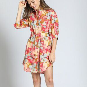 NWT APNY Coral Belted Puff Sleeve Dress in Garden Party Print